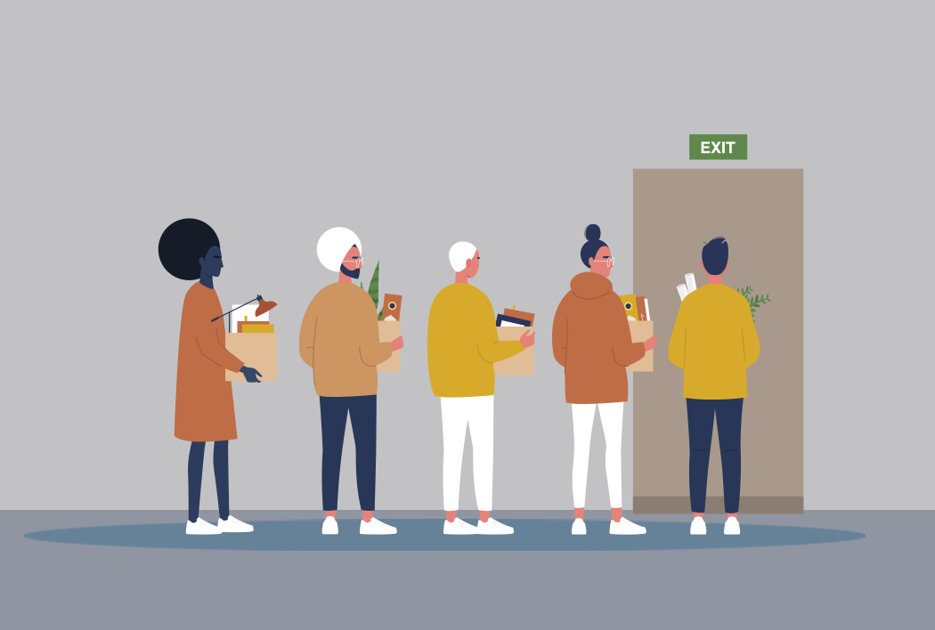 A line of animated diverse people holding boxes and personal items waiting for the elevator