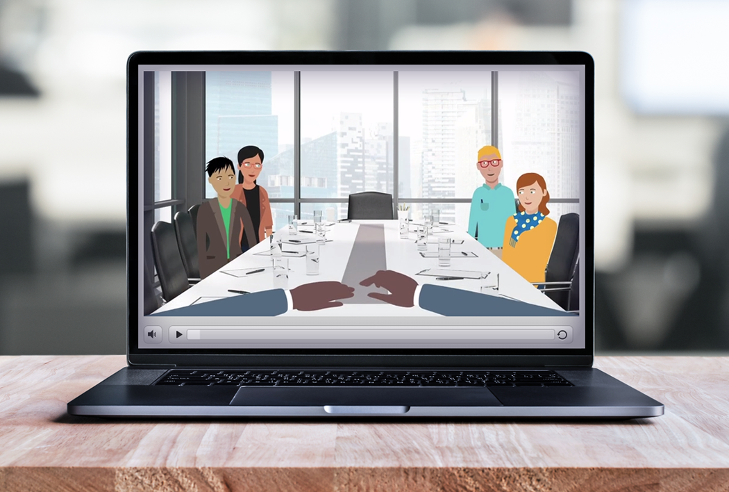 HRdownloads training video on a screen of a laptop of animated people sitting in a boardroom