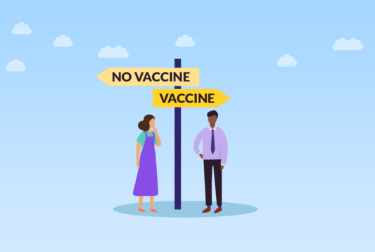 Two illustrated characters standing at a street sign with one arrow that says no vaccine and one arrow that says vaccine
