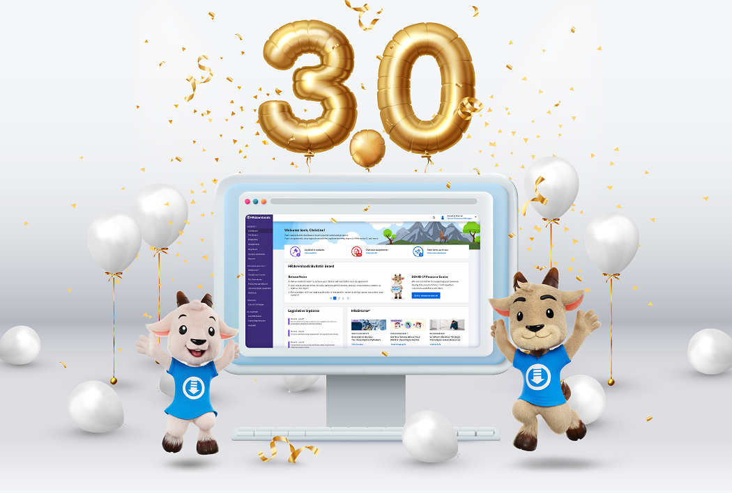 Announcement of HRdrive 3.0 Header, with ballons, screenshot of platform on computer and two characters celebrating
