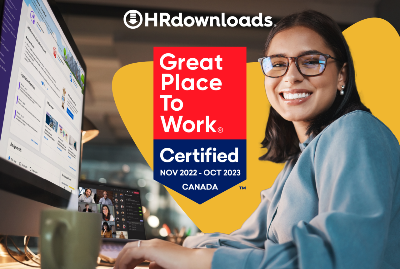 Great Place to Work Certified November 2022 - October 2023 logo, HRdownloads logo, person at a desk with computer and images of HRdownloads software on the screen