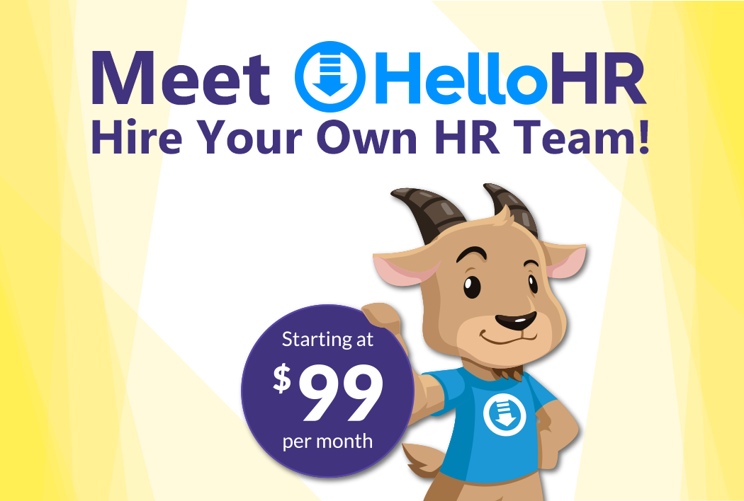 Meet HelloHR Header, Hire Your Own HR Team, Koza holding a circle sign that has, starting at $99 per month.