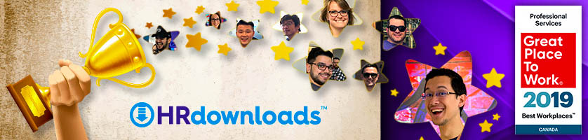 Great Place to Work, Best Workplaces Canada 2019 for Professional Services Logo in Header with HRdownloads logo and trophy with stars and employee faces