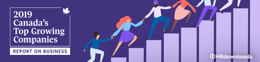 Canada's Top Growing Companies 2019, Report on Business, Header with illustrated people climbing steps, HRdownloads logo