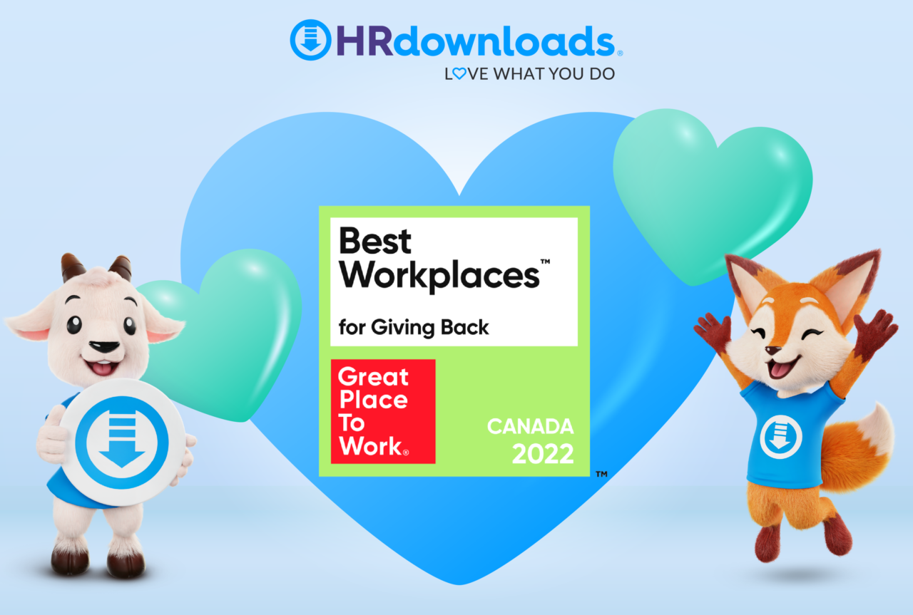 Best Workplaces for Giving Back, Great Place to Work, Canada 2022 Header, HRdownloads Logo, two characters celebrating, hearts