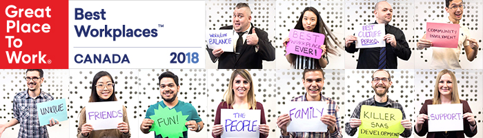 Great Place to Work, Best Workplaces Canada 2018 Logo, with Header of various HRdownloads employees holding signs that say, Fun, Unique, Friends, The People, Family, Support, Best Workplace Ever, Worklife Balance