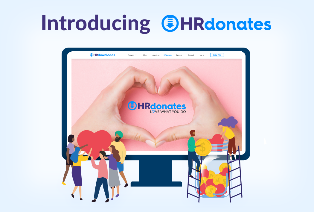 Introducing HRdonates, Image with two hands making a heart and HRdonates logo in the middle, illustrated people holding a heart, and adding coins to a jar willed with hearts and coins