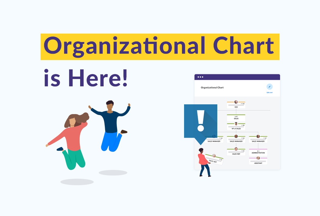 Organizational Chart is Here Header, screen shot of the Organizational Chart software, illustrated people jumping
