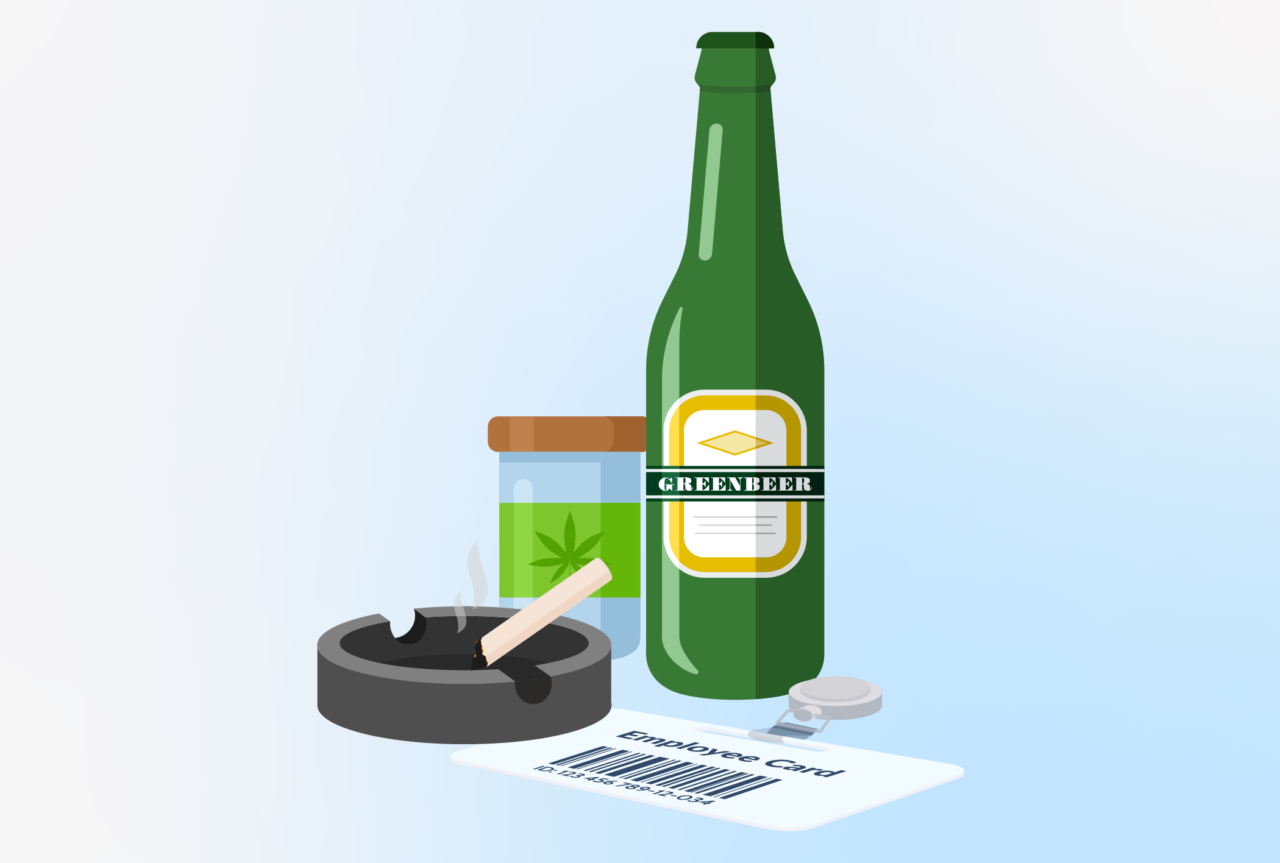 Image of beer bottle, a jar of marijuana, a cigarette in an ashtray and an employee card badge